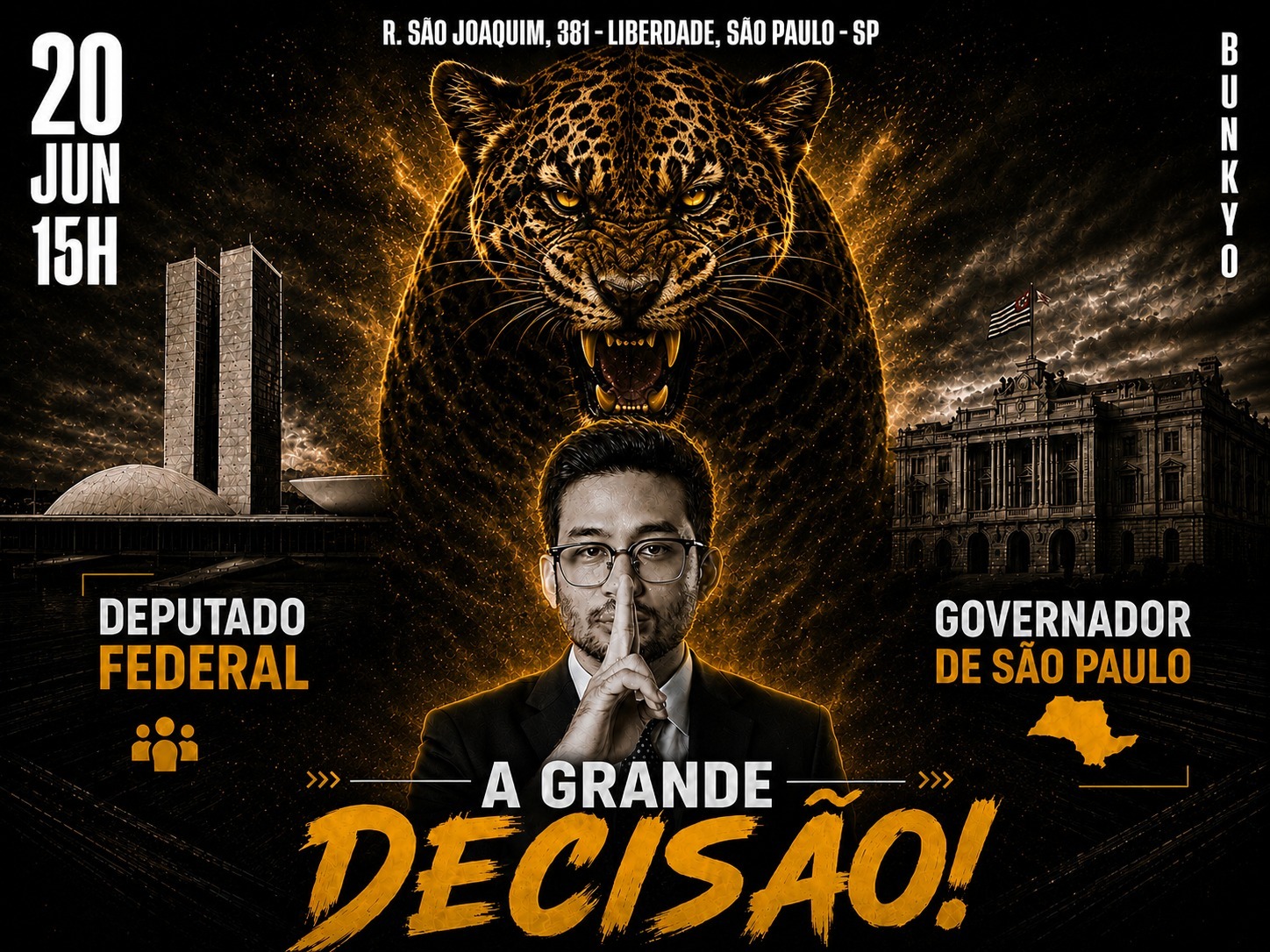 Flyer oficial do evento A Grande Decisão, 20 de junho, 15h, Auditório Bunkyo, São Paulo